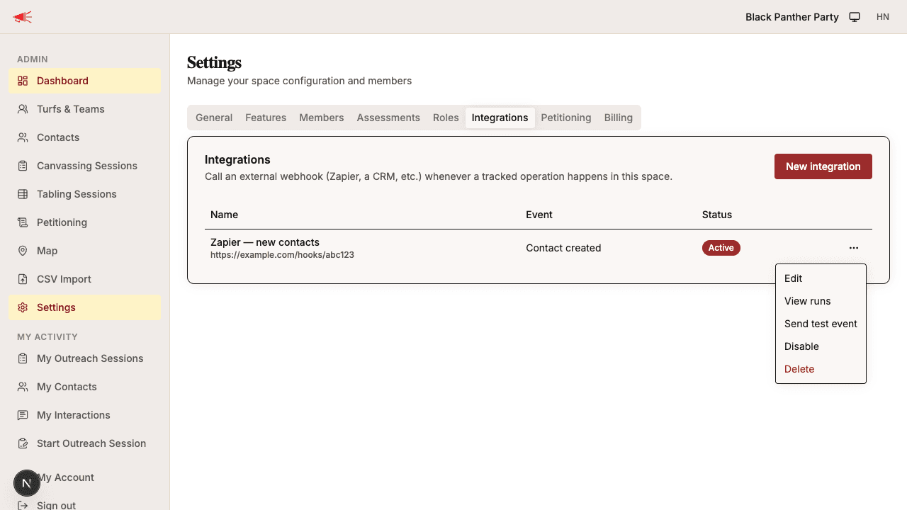 The per-integration actions menu