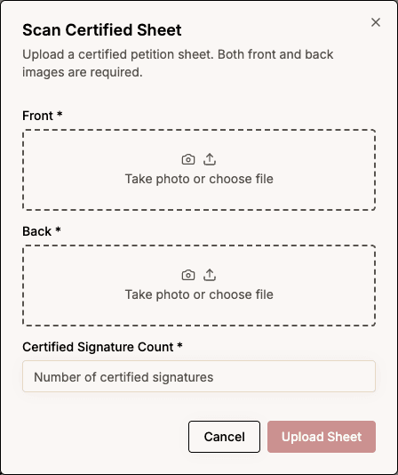 Upload dialog with front, back, and certified signature count fields