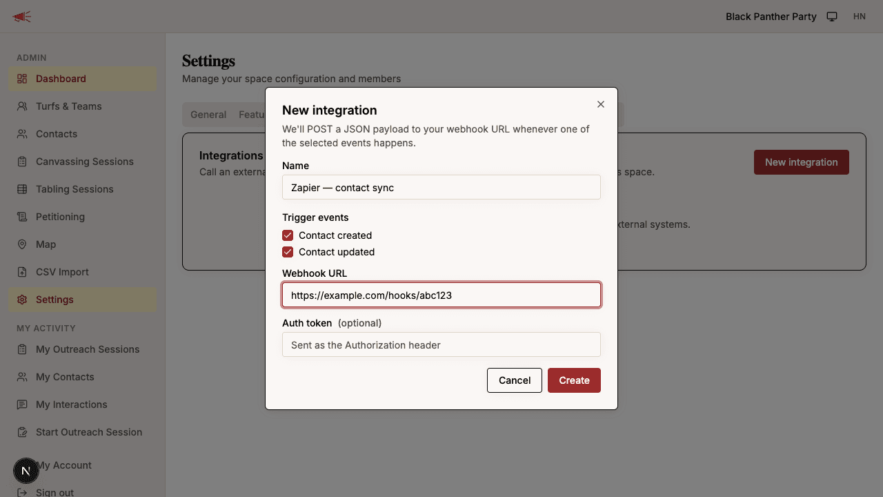 The New integration dialog