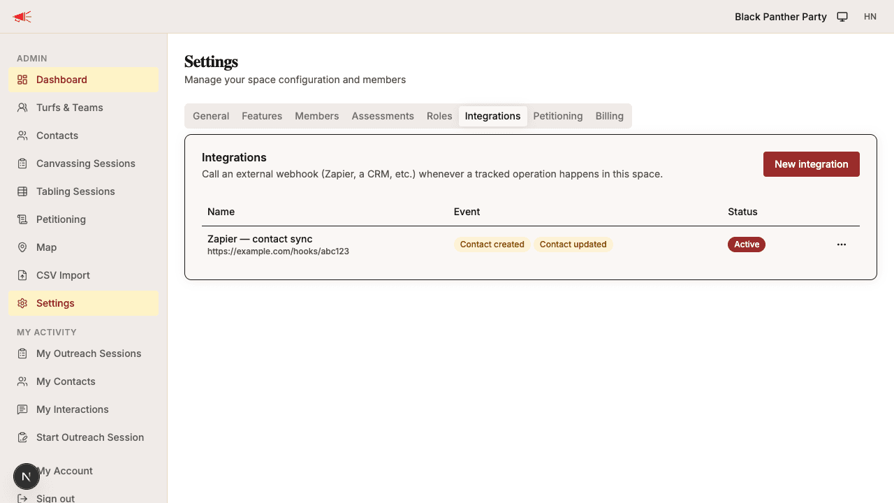 The Integrations tab in Space Settings