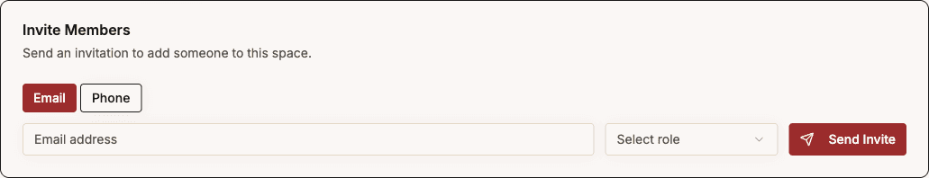 Invite form with email and role fields