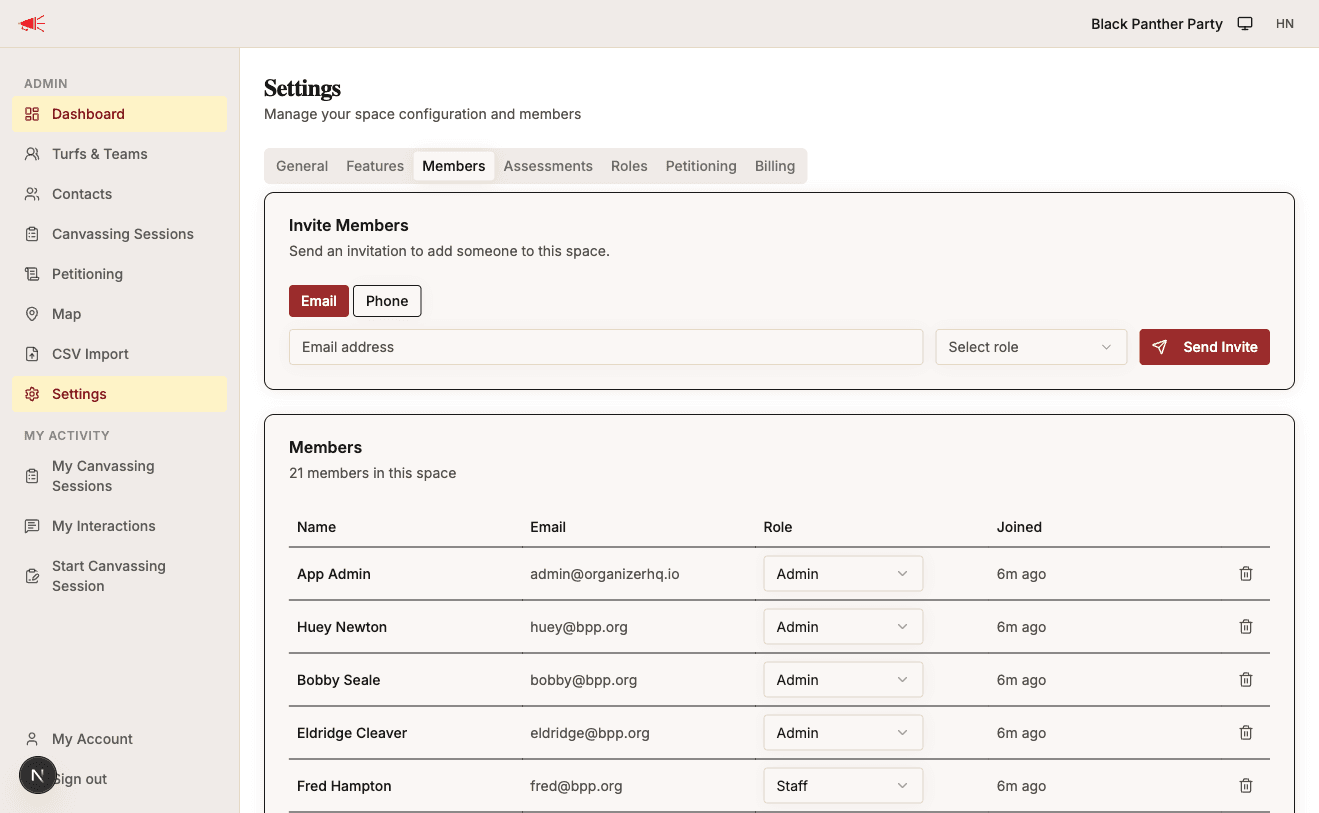 Members tab showing the invite form and member list