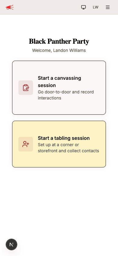 Outreach home screen with Start a tabling session card