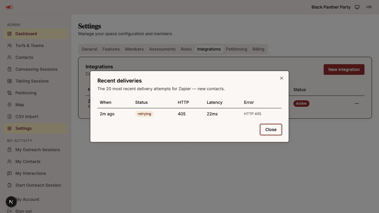 Recent deliveries with status, response code, and latency