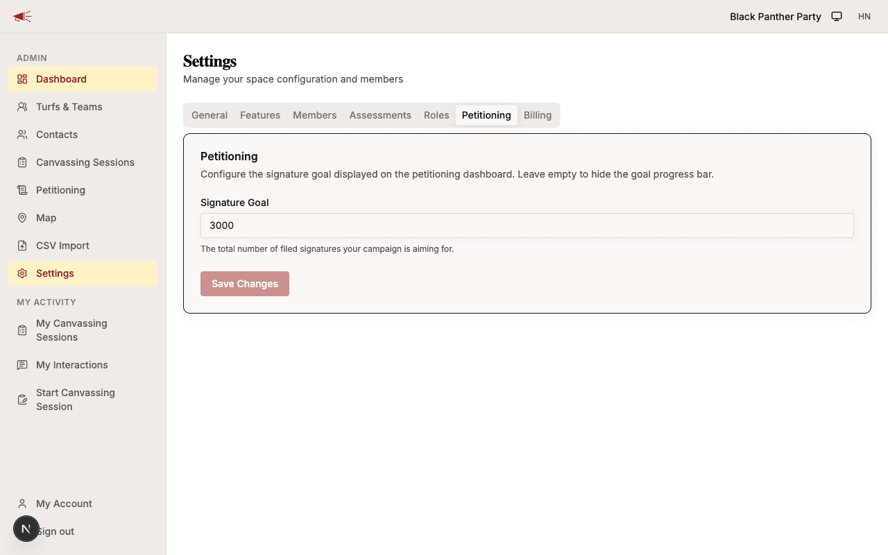 Settings page with signature goal field
