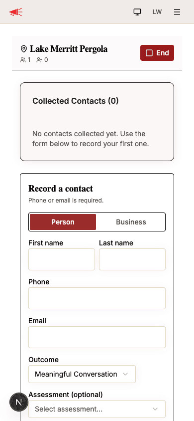 Active tabling session with empty contacts list and record form