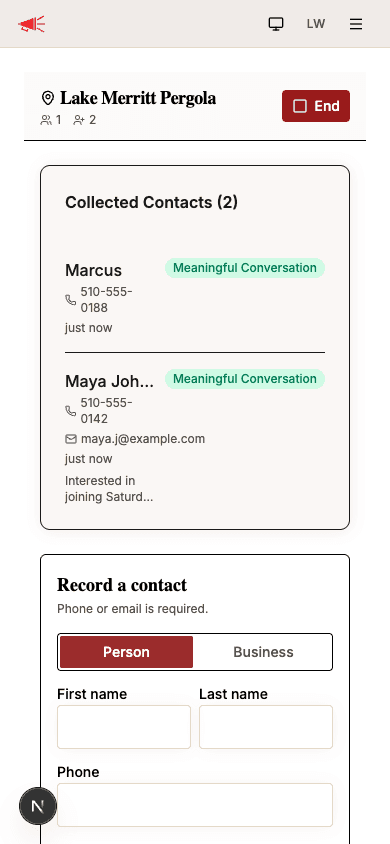 Collected contacts list with two saved entries