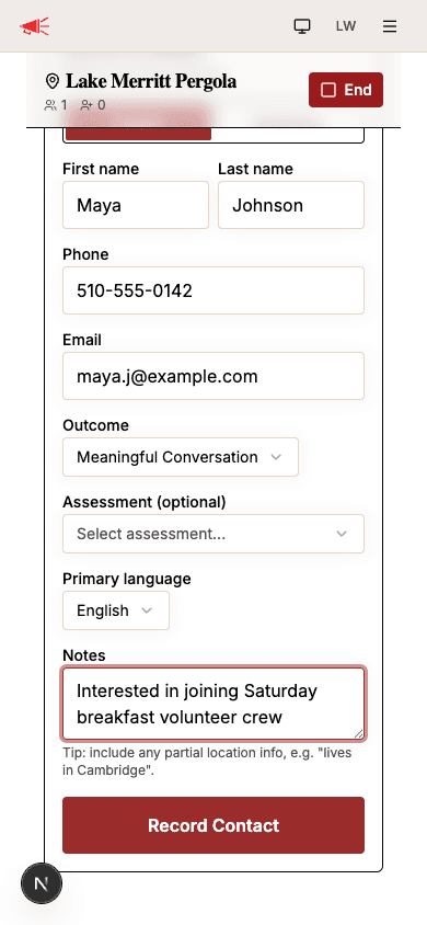 Contact form filled with name, phone, and email