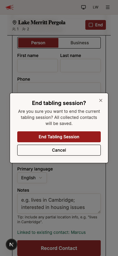 End tabling session confirmation dialog
