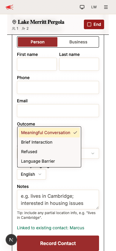 Outcome dropdown showing the four tabling options