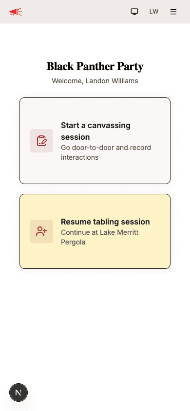 Outreach home screen with Resume tabling session card