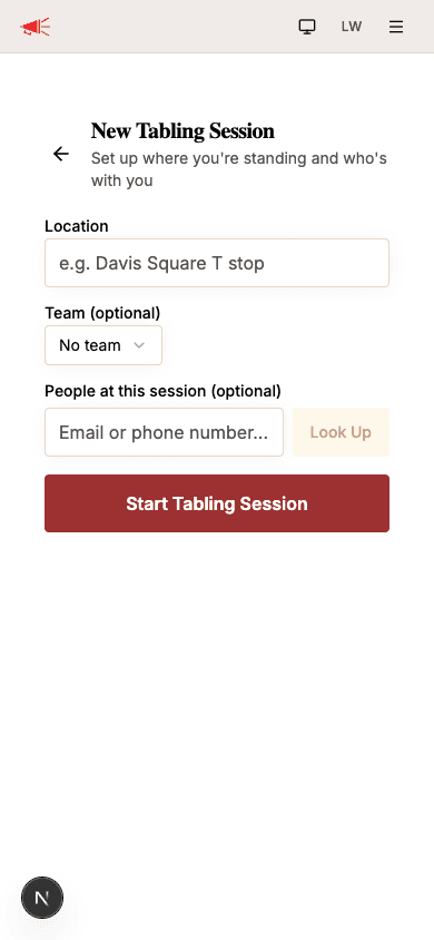 New tabling session setup form