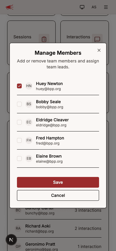 Manage Members dialog with checkboxes for each organization member