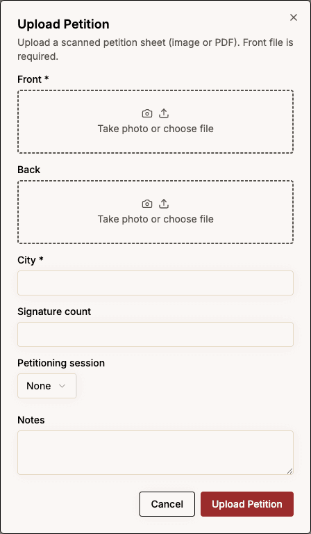 Upload petition dialog