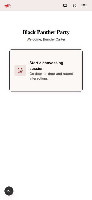 Canvassing home screen with Start a canvassing session card