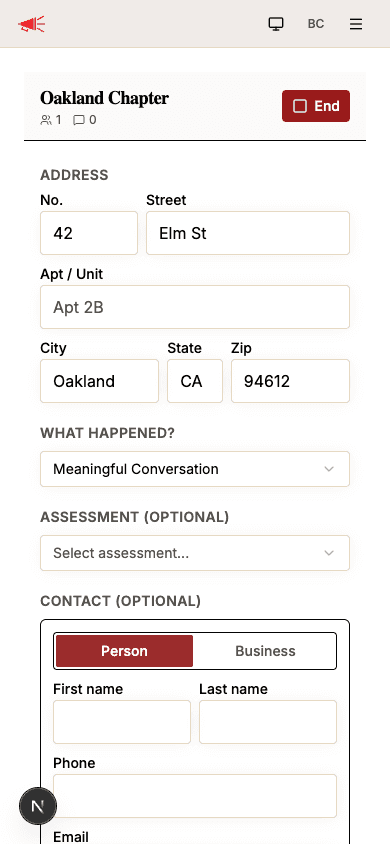 Inline contact form with Person/Business toggle and fields for name, phone, email, and language