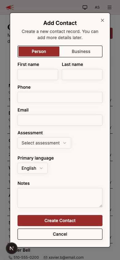 Add Contact dialog with fields for name, phone, email, assessment, language, and notes