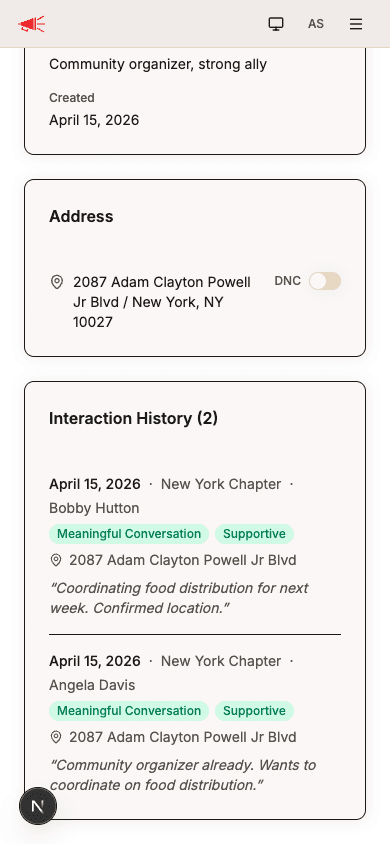 Contact detail showing address with DNC toggle and interaction history with outcome badges