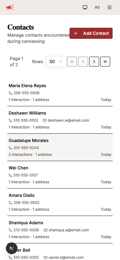 Contacts list showing names, phone numbers, emails, and interaction counts