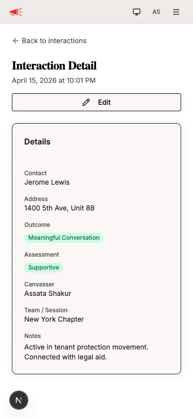 Interaction detail showing contact, address, outcome, assessment, canvasser, team, and notes