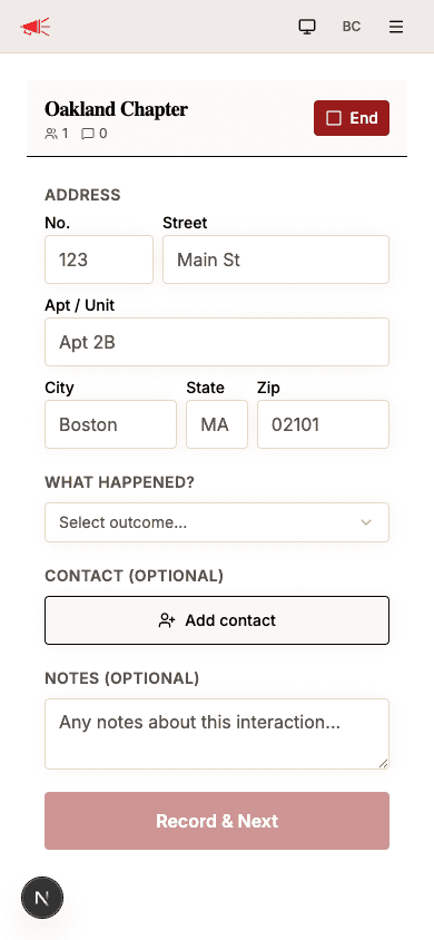 Active session screen with interaction form