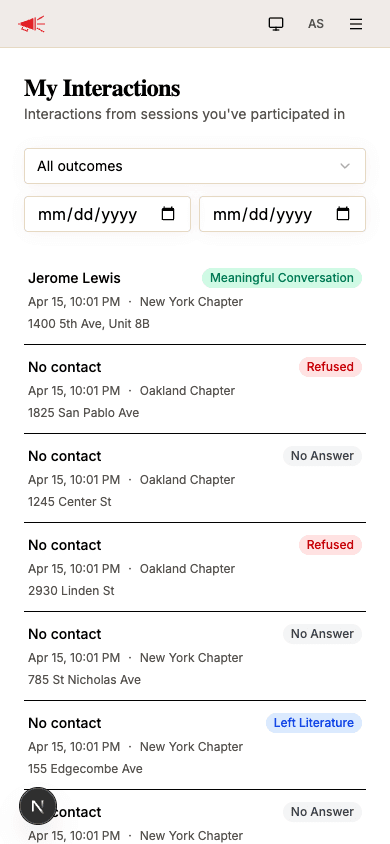 My Interactions list with outcome badges, team names, and addresses
