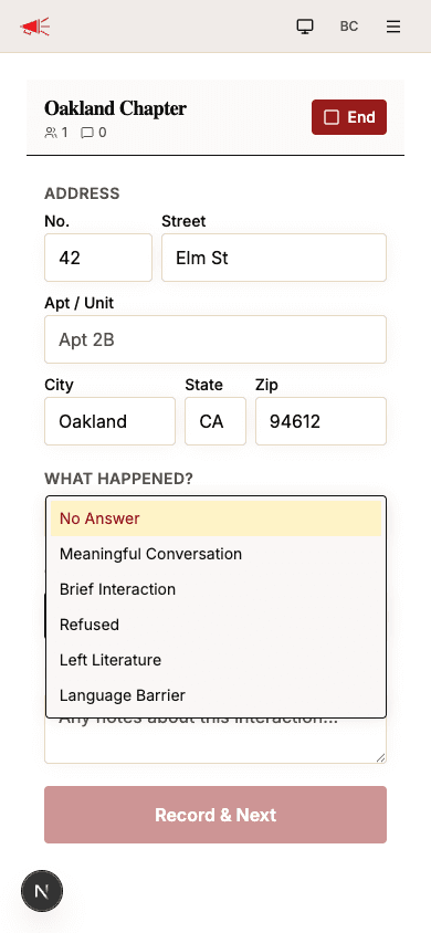 Outcome dropdown showing all six options
