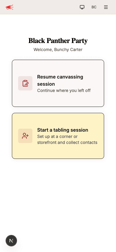 Outreach home screen with Resume canvassing session card