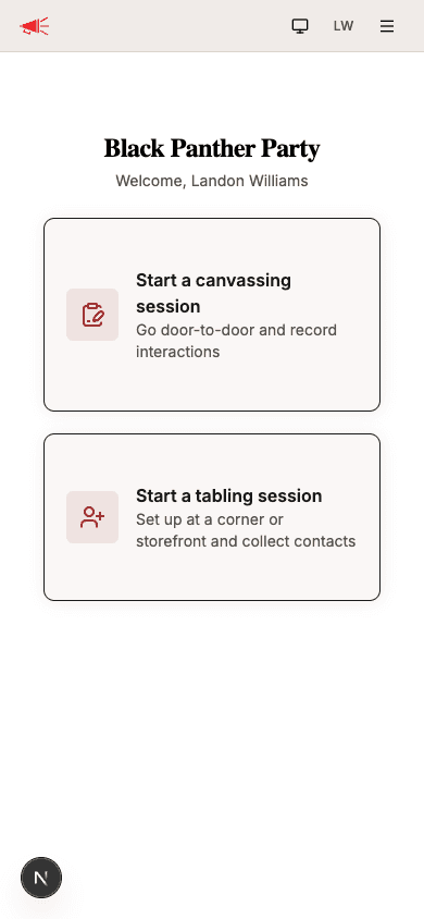 Outreach home screen with Start a canvassing session card